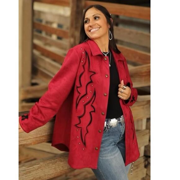 Lucky & Blessed Red Suede Boot Stitch Studded Jacket Western Rodeo NFR~NEW - Picture 6 of 16